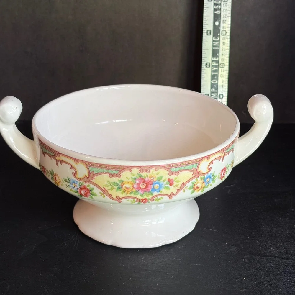 Antique Floral Porcelain Lidded Sugar Bowl Gold Gilt Trim Footed Tea Server